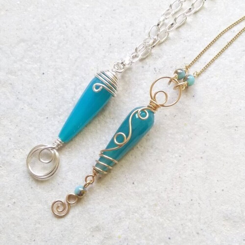 Aqua Blue! Long Agate Teardrop Gemstone Pendant + Chain! Beachy Coastal Grandma - Picture 8 of 10